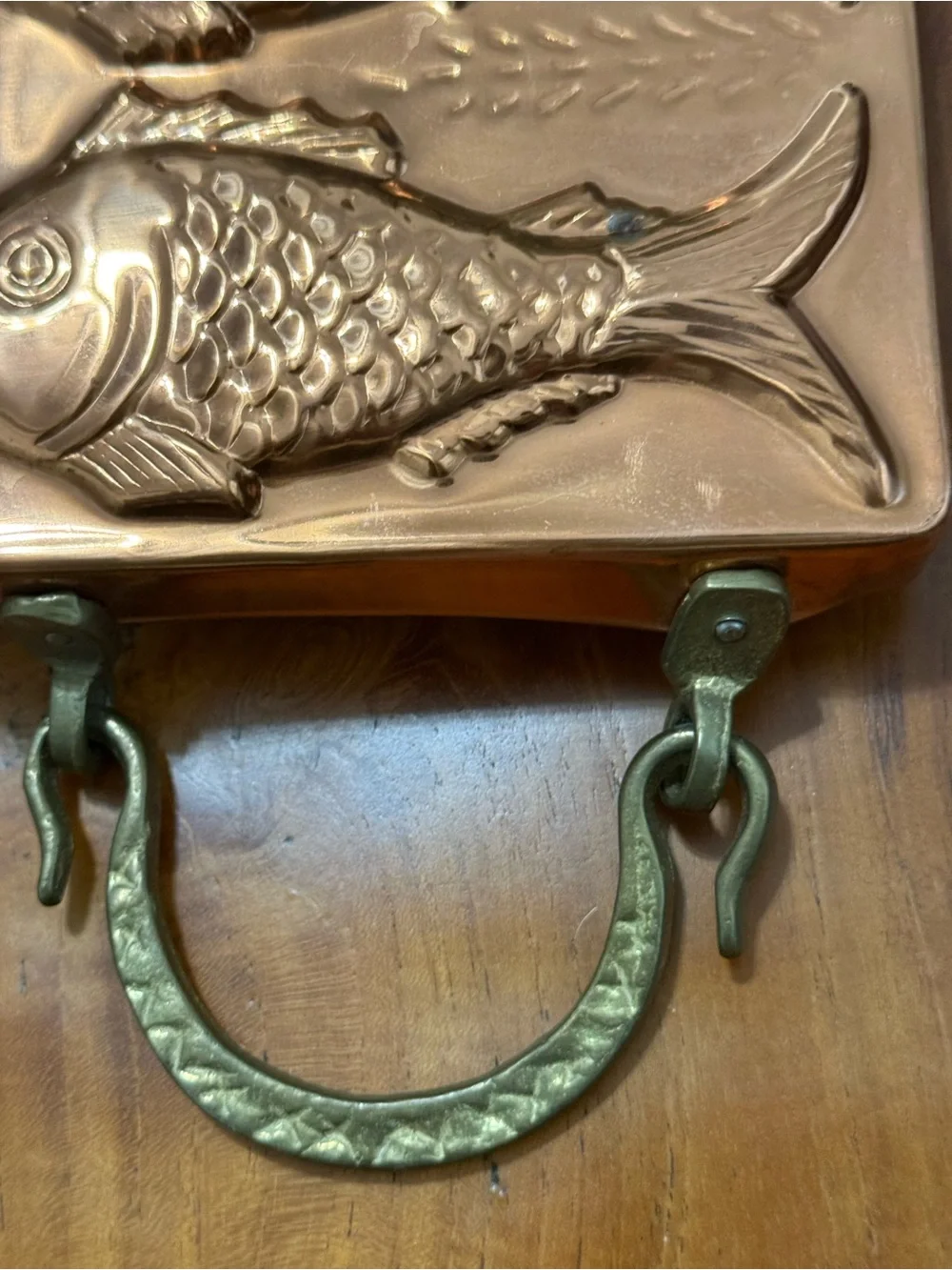 Vintage Copper Plated Fish Mold. Koi Fish. Brass and Iron Handles. Kitchen decor